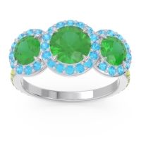 Lab Emerald Ring In Palladium With Swiss Blue Topaz And Peridot Abhra Round Three-stone Ring