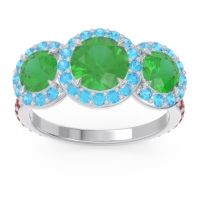 Lab Emerald Ring In Palladium With Swiss Blue Topaz And Ruby Abhra Round Three-stone Ring