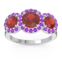Garnet Ring In 14k White Gold With Amethyst And Emerald Abhra Round Three-stone Ring