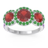 Garnet Ring In Palladium With Emerald And Amethyst Abhra Round Three-stone Ring