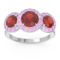 Garnet Ring In 14k White Gold With Pink Tourmaline And Aquamarine Abhra Round Three-stone Ring