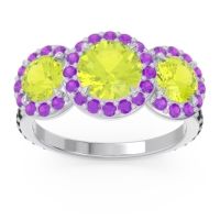 Peridot Ring In 14k White Gold With Amethyst And Black Onyx Abhra Round Three-stone Ring