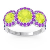Peridot Ring In 14k White Gold With Amethyst And Blue Sapphire Abhra Round Three-stone Ring