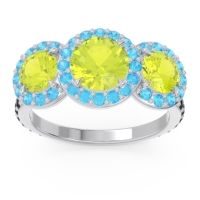 Peridot Ring In 14k White Gold With Swiss Blue Topaz And Black Onyx Abhra Round Three-stone Ring