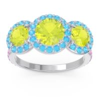 Peridot Ring In 14k White Gold With Swiss Blue Topaz And Pink Tourmaline Abhra Round Three-stone Ring