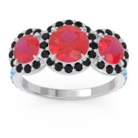 Lab Ruby Ring In Palladium With Black Onyx And Swiss Blue Topaz Abhra Round Three-stone Ring