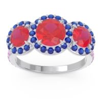 Lab Ruby Ring In Palladium With Blue Sapphire And Pink Tourmaline Abhra Round Three-stone Ring
