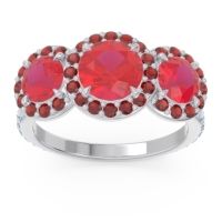 Lab Ruby Ring In 18k White Gold With Garnet And Aquamarine Abhra Round Three-stone Ring