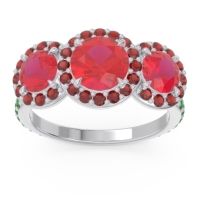 Lab Ruby Ring In Palladium With Garnet And Emerald Abhra Round Three-stone Ring
