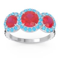 Lab Ruby Ring In 14k White Gold With Swiss Blue Topaz And Black Onyx Abhra Round Three-stone Ring