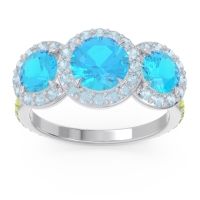 Swiss Blue Topaz Ring In 14k White Gold With Aquamarine And Peridot Abhra Round Three-stone Ring