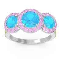 Swiss Blue Topaz Ring In 14k White Gold With Pink Tourmaline And Peridot Abhra Round Three-stone Ring