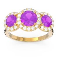 Amethyst Ring In 14k Yellow Gold With Diamond And Black Onyx Abhra Round Three-stone Ring