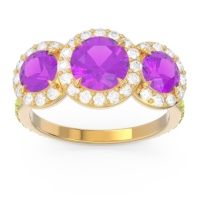Amethyst Ring In 14k Yellow Gold With Diamond And Peridot Abhra Round Three-stone Ring