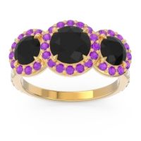 Black Onyx Engagement Ring In 14k Yellow Gold With Amethyst And Diamond - Abhra Round Three-stone Ring