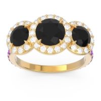 Black Onyx Ring In 14k Yellow Gold With Diamond And Amethyst Abhra Round Three-stone Ring