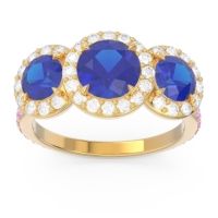 Lab Blue Sapphire Ring In 14k Yellow Gold With Diamond And Pink Tourmaline Abhra Round Three-stone Ring