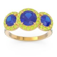 Lab Blue Sapphire Ring In 18k Yellow Gold With Peridot And Aquamarine Abhra Round Three-stone Ring