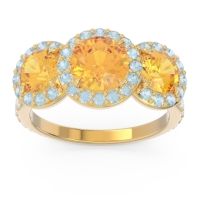 Citrine Ring In 14k Yellow Gold With Aquamarine And Lab Diamond Abhra Round Three-stone Ring