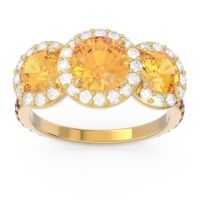 Citrine Ring In 14k Yellow Gold With Diamond And Garnet Abhra Round Three-stone Ring