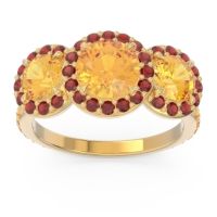 Citrine Ring In 18k Yellow Gold With Garnet Abhra Round Three-stone Ring