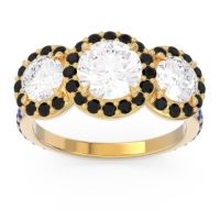 Diamond Ring In 14k Yellow Gold With Black Onyx And Blue Sapphire Abhra Round Three-stone Ring