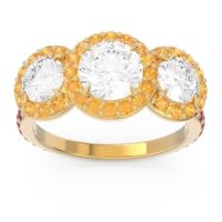 Diamond Ring In 18k Yellow Gold With Citrine And Ruby Abhra Round Three-stone Ring