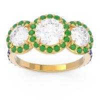 Lab Diamond Ring In 14k Yellow Gold With Emerald And Blue Sapphire Abhra Round Three-stone Ring