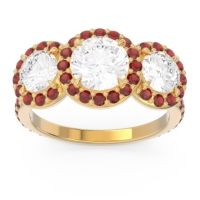 Diamond Ring In 18k Yellow Gold With Garnet Abhra Round Three-stone Ring
