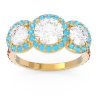 Diamond Ring In 14k Yellow Gold With Swiss Blue Topaz And Ruby Abhra Round Three-stone Ring