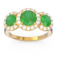 Lab Emerald Ring In 14k Yellow Gold With Lab Diamond And Blue Sapphire Abhra Round Three-stone Ring