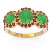 Lab Emerald Ring In 14k Yellow Gold With Garnet And Ruby Abhra Round Three-stone Ring