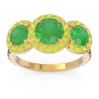 Lab Emerald Ring In 18k Yellow Gold With Peridot And Garnet Abhra Round Three-stone Ring