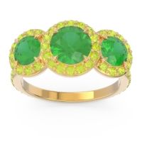 Lab Emerald Ring In 18k Yellow Gold With Peridot Abhra Round Three-stone Ring