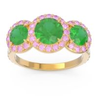 Lab Emerald Ring In 14k Yellow Gold With Pink Tourmaline And Lab Diamond Abhra Round Three-stone Ring