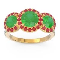 Lab Emerald Ring In 14k Yellow Gold With Ruby And Aquamarine Abhra Round Three-stone Ring
