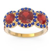 Garnet Ring In 14k Yellow Gold With Blue Sapphire And Ruby Abhra Round Three-stone Ring