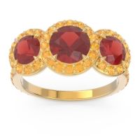 Garnet Ring In 14k Yellow Gold With Citrine Abhra Round Three-stone Ring