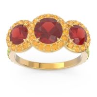 Garnet Ring In 14k Yellow Gold With Citrine And Peridot Abhra Round Three-stone Ring