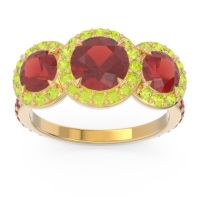 Garnet Ring In 14k Yellow Gold With Peridot And Ruby Abhra Round Three-stone Ring