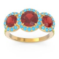 Garnet Ring In 14k Yellow Gold With Swiss Blue Topaz And Peridot Abhra Round Three-stone Ring