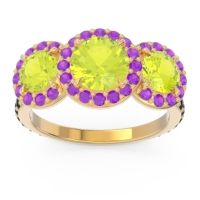 Peridot Ring In 14k Yellow Gold With Amethyst And Black Onyx Abhra Round Three-stone Ring