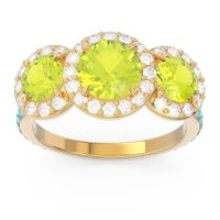 Peridot Ring In 18k Yellow Gold With Diamond And Swiss Blue Topaz Abhra Round Three-stone Ring