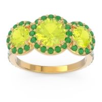 Peridot Ring In 18k Yellow Gold With Emerald And Aquamarine Abhra Round Three-stone Ring
