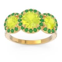 Peridot Ring In 18k Yellow Gold With Emerald And Lab Diamond Abhra Round Three-stone Ring