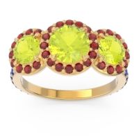 Peridot Ring In 14k Yellow Gold With Garnet And Blue Sapphire Abhra Round Three-stone Ring