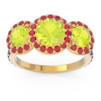 Peridot Ring In 18k Yellow Gold With Ruby And Blue Sapphire Abhra Round Three-stone Ring