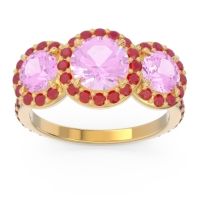 Pink Tourmaline Ring In 18k Yellow Gold With Ruby And Garnet Abhra Round Three-stone Ring