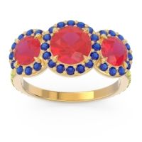 Lab Ruby Ring In 18k Yellow Gold With Blue Sapphire And Peridot Abhra Round Three-stone Ring