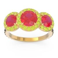 Lab Ruby Ring In 18k Yellow Gold With Peridot And Black Onyx Abhra Round Three-stone Ring